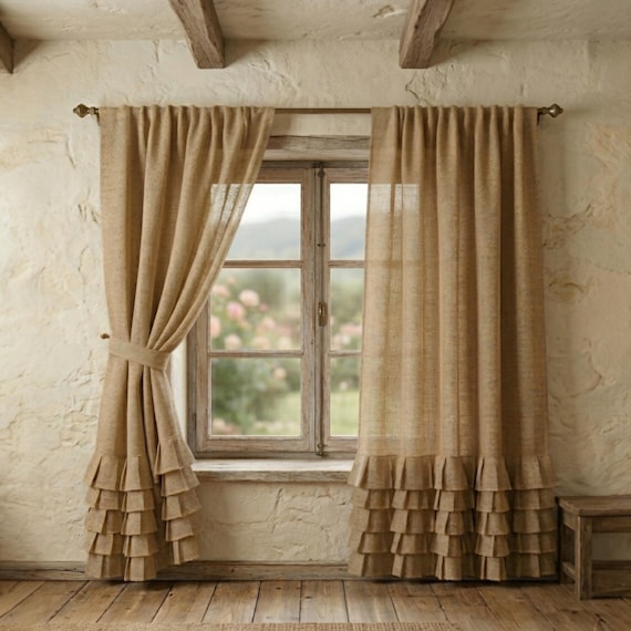 Natural Burlap Curtains with Ruffles, Farmhouse Jute Drapes Set of 2, Rustic Kitchen Cafe Tier Curtains, Custom Size Cottage Window Panel