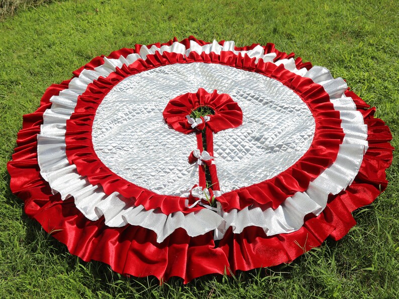 Silver Christmas Tree Skirt With Red Velvet Ruffles Etsy