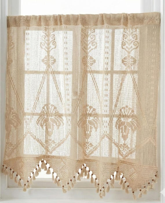 Crochet Lace Curtain, Sheer Window Panel, Custom Size Curtain, Farmhouse Drapery, Cafe Curtain, French Country Decor