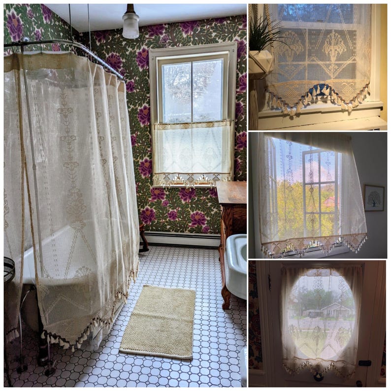 Crochet Lace Curtain, Sheer Window Panel, Custom Size Curtain, Farmhouse Drapery, Cafe Curtain, French Country Decor image 2