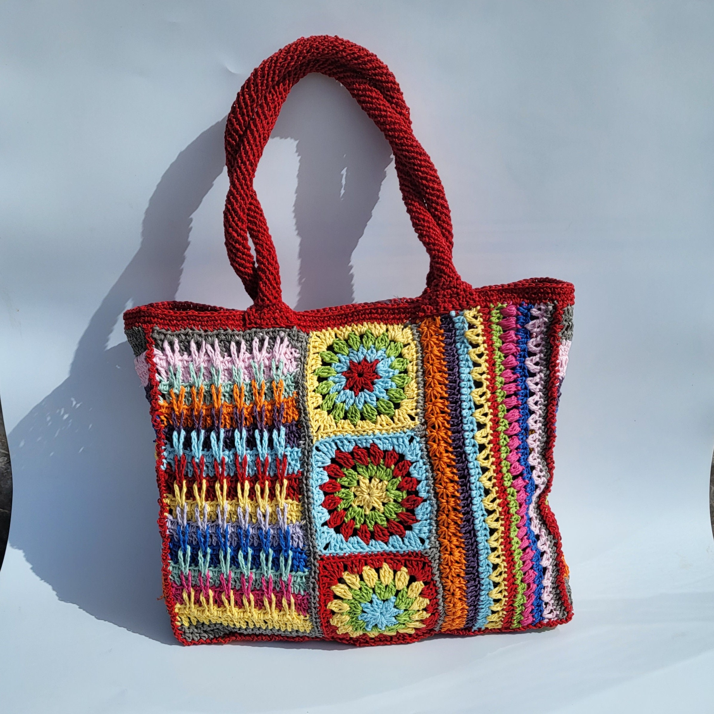 Crochet Raffia Shoulder Bag Granny Square Summer Tote With - Etsy
