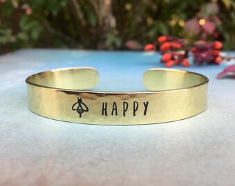 Bee Happy Bracelet, Plant Lovers Gift, Honey Bee Jewelry, Red Fern Studio