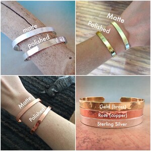 May include: Four hammered metal bracelets in different finishes: sterling silver, rose gold, gold, and silver. The bracelets are shown in both matte and polished finishes.