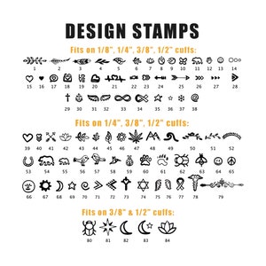May include: A white background displays various design stamps for cuffs, including leaves, hearts, arrows, and symbols. The text "DESIGN STAMPS" is at the top, with size specifications for each stamp.