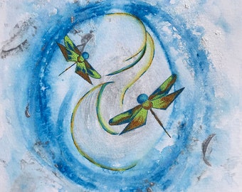 Dragonfly Gift, Original Dragonfly Art, Dragonfly Painting Acrylic, 8 x 8 Original Artwork, Wall Decor, Acrylic On Watercolor Paper