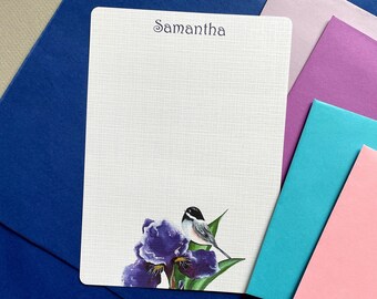 Chickadee & Purple Iris, Personalized Writing Paper Set of 36, Complete Custom Letter Set, Women's Correspondence Stationery Notes