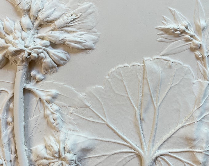 White Geraniums Plaster Wall Decor, Garden Angelonia Botanical Bas Relief, Imprint Cast Tile