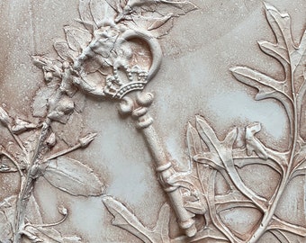 Secret Garden Floral Imprint Casting, Crown Key Botanical Bas Relief, Decorative Ceramic Tile Sculpture, Plaster Wall Decor, Flower Fossil