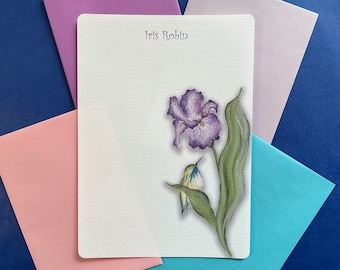 Personalized Writing Paper Set Of 36, Hummingbird & Purple Iris, Letter Writing Notes, Women's 5 x 7 Correspondence Sheets, Stationery Paper