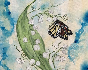 Lily Of The Valley & Monarch Butterfly, Fine Art Paper Print, 5 x 7 Monarch Butterfly Acrylic Print, 8 x 10 Floral Painting Art Print