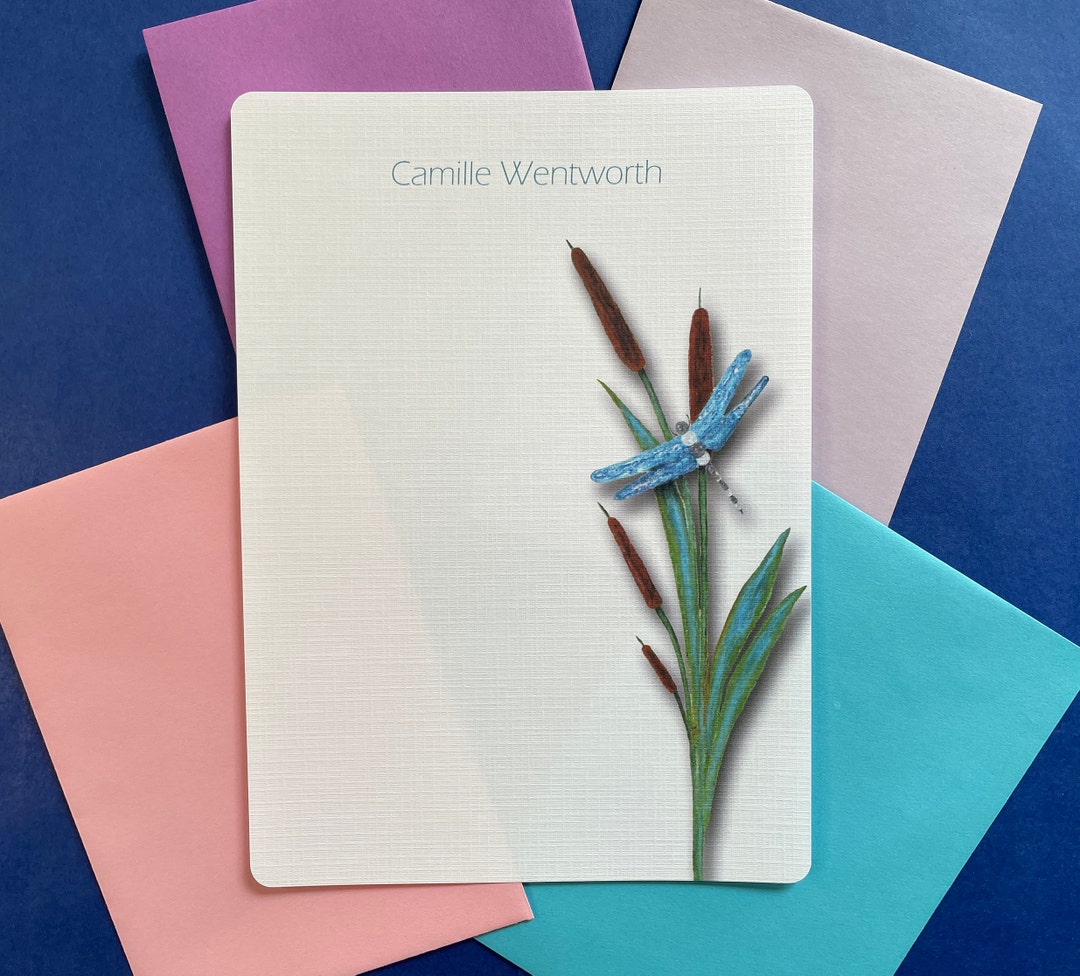 Personalized Writing Paper Set of 36, Complete Dragonfly & Cattail