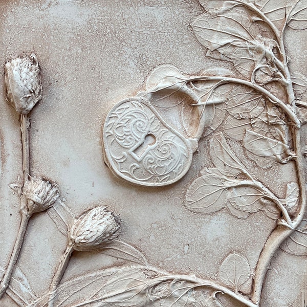 Secret Garden Plaster Wall Art, Heart Lock Botanical Bas Relief, Floral Garden Imprint Casting, Bespoke Decorative Ceramic Tile Art