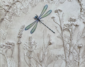 Dragonfly Botanical Bas Relief, Hand Painted Plaster Wall Art, Decorative Ceramic Sculpture, Flower Fossil Imprint Casting, Bespoke Artwork