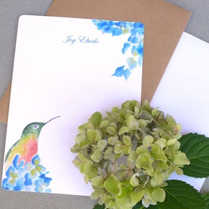 Hummingbird & Hydrangea Flat Note Cards, Personalized Note Card Stationery Set, Women's Note Card Gift Set, Girl's Custom Stationary Set