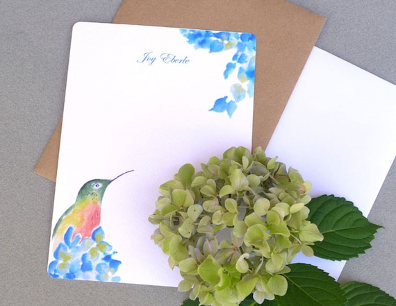 Hummingbird Hydrangea Flat Note Cards Personalized Note Etsy