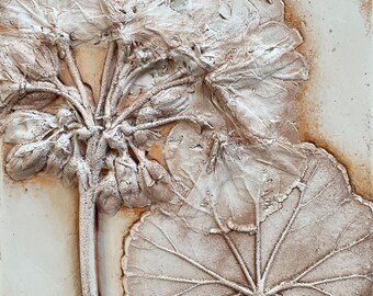 Geranium Flower Plaster Imprint Casting, Botanical Bas Relief, Decorative Square Ceramic Tile Artwork, Bespoke Hand Painted Floral Wall Art