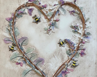 Bumble Bee Heart Botanical Bas Relief, Floral Wreath Imprint Casting, Plaster Wall Art Sculpture, Hand Painted Decorative Ceramic Tile