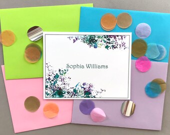 Personalized Purple & Green Correspondence Cards, Watercolor Folded Note Card Stationery Set, Women's Custom Note Card Stationary, Gift Set