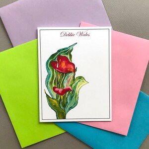 Rote Calla Lilien personalisierte Hinweiskarten, Frauen Floral gefaltet Notiz-Karte-Set, benutzerdefinierte Korrespondenz Briefpapier Set, stationäre Geschenk-Set