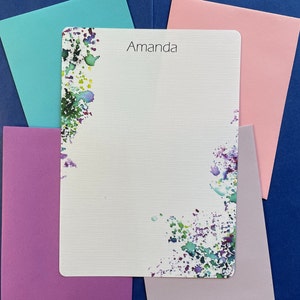 Acquerello viola e verde, set di carta da lettere personalizzata, carta da cancelleria per donna, note per la scrittura di lettere, fogli per corrispondenza 5 x 7