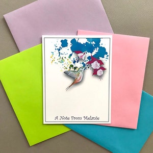 Set di articoli di cancelleria personalizzati Hummingbird & Fuchsia, Set di biglietti da visita piegati personalizzati da donna, Set di biglietti da visita personalizzati per ragazze, Carte