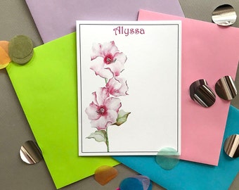 Personalized Pink Hibiscus Folded Note Cards, Custom Women's Note Card Stationery Set, Note Card Stationary Gift Set, Girl's Garden Notes