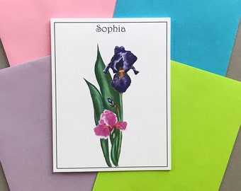 Personalized Iris Folded Note Card Set, Custom Purple & Pink Iris Note Cards, Folded Note Card Stationery Gift Set, Note Card Stationary Set