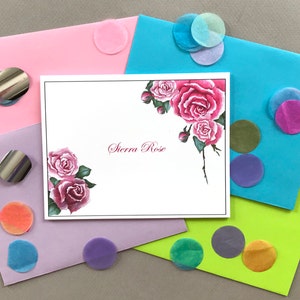 Rosa Rose Bouquet personalisierte Notizkarten, Frauen gefaltet Notiz Karte Briefpapier Set, Mädchen benutzerdefinierte Rose Korrespondenz Karten, stationäre Set