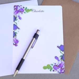 Note Cards, Note Card Set, Note Cards Personalized, Note Card Stationery, Flat Note Cards, Purple, Pink & Green Watercolor Splash, Card
