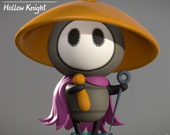 May include: A 3D-printed Sherma figure from Hollow Knight. The figure has a large orange hat, a gray body, and a white face with black eye details. It wears a pink cape and holds a staff and a small orange item. The base is green.
