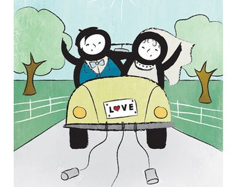 Love is in the Air – original limited edition signed print. Wedding, car, couple, love, happiness, convertible, vale, tuxedo, Enzo Gallery.