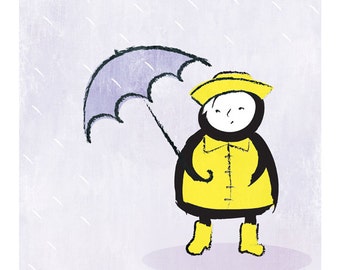 Spring Showers – original edición limitada firmada. Paraguas, lluvia, impermeable amarillo, bota de goma, wellies, Galería Enzo.