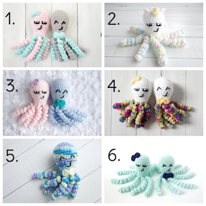 May include: A collection of six handmade crochet octopus toys in various colors. Each octopus has a smiling face and curly tentacles. Some have bows or other embellishments. The toys are suitable for babies and children.