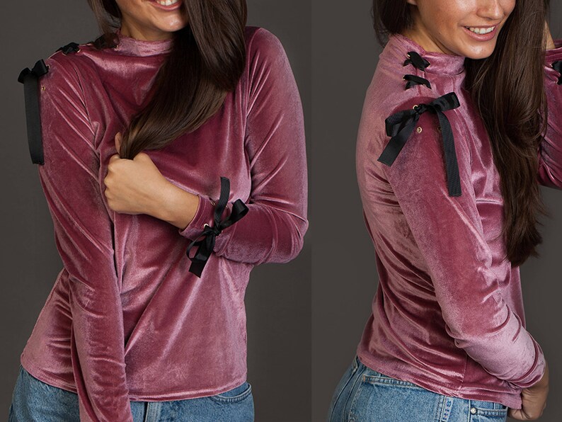 Velvet Blouse Pink Top Baby Pink Sleeve Bow Shoulder Bow Soft Touch Long Sleeves Soft Pink Lace-Up Top Velvet Top Soft Fabric