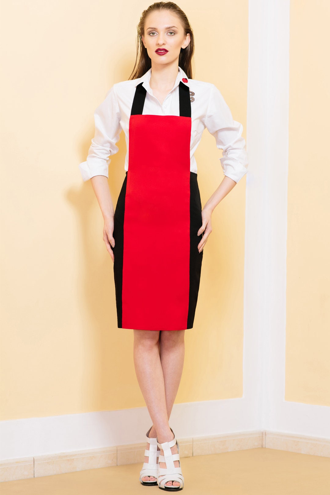 womens red pinafore dress