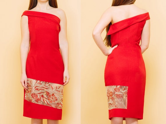red dress with gold embroidery