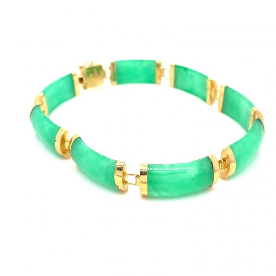 8 Green Rectangular Jade Links and 14K Yellow Gol… - image 2