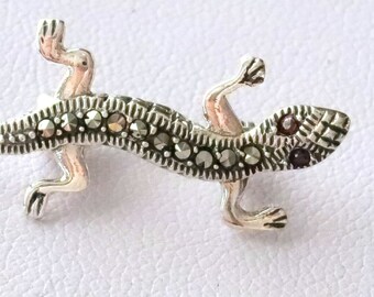Broche Lézard Argent Massif Et Marcassite - Ancien Bijou Français - Modèle K28