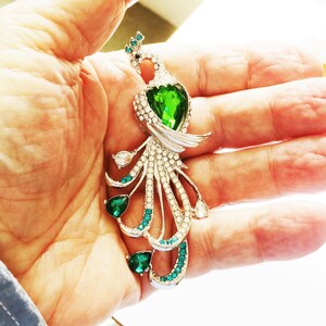 May include: A silver and green peacock brooch with a large green gemstone in the center. The brooch is adorned with smaller green gemstones and clear rhinestones.