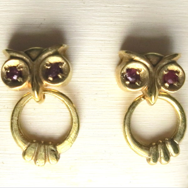Vintage Pre-Owned M&S Gold Plated Articulated Owls Stud Earrings With Garnet Eyes