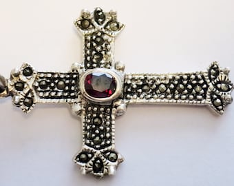 Vintage Sterling Silver Cross Pendant: Garnet & Marcasite Gemstones - Etsy