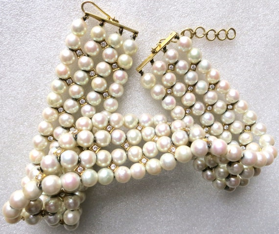 High Fashion 4-Row Pearl & Diamond Choker Necklac… - image 4