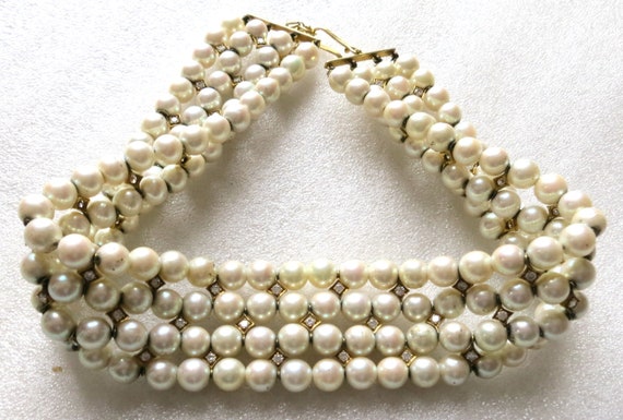 High Fashion 4-Row Pearl & Diamond Choker Necklac… - image 1