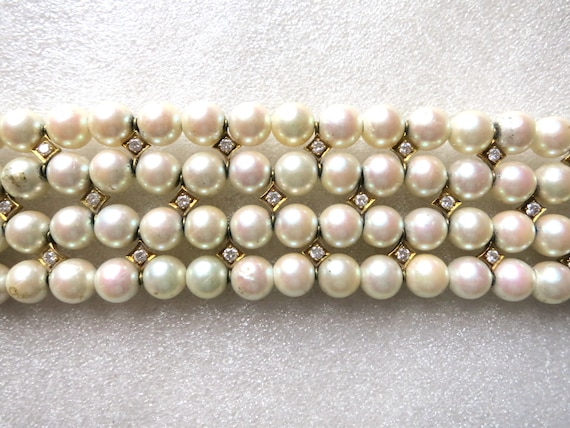 High Fashion 4-Row Pearl & Diamond Choker Necklac… - image 8