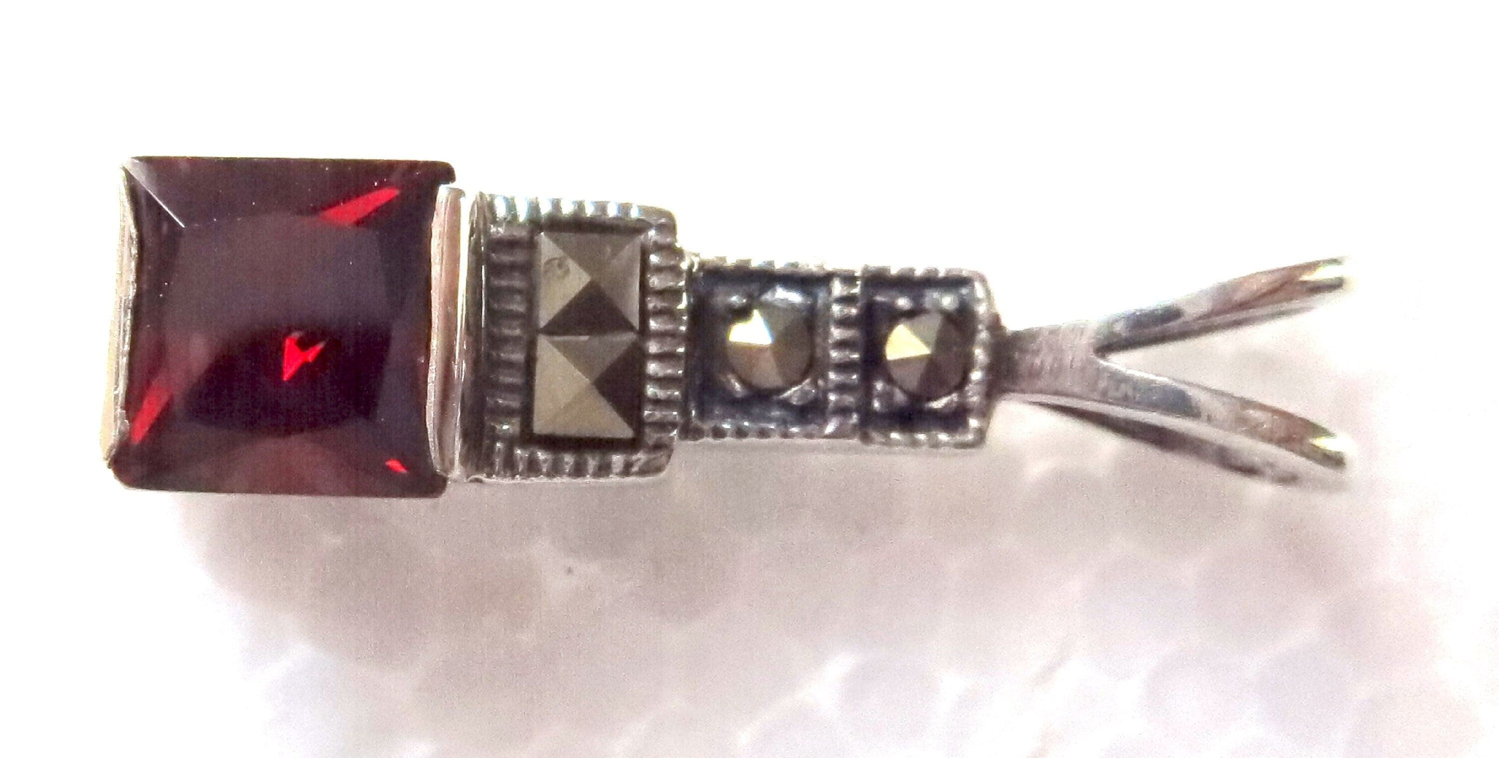 Sterling Silver Pendant Set With Garnet Crystal + Marcasites  VTG Sterling and marcasite and garnet pendant with  earring set (925) main image 0