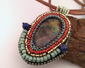 Ethnic pendant necklace, labradorite spectrolite, pearl embroidery