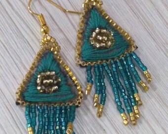 Embroidered earrings, cotton and Miyuki pearls, turquoise, gold