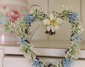 Mini Rustic Heart Wreath with blue and white flowers, Pretty floral flower wreath,  Perfect Mother’s Day or gift for her,  Free UK delivery