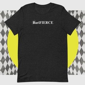 May include: A black t-shirt with a white graphic that says "BariFIERCE" with a starburst design.