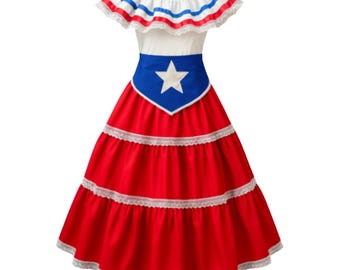 New Item Traje Típicos de Puerto Rico con Falda Roja - Traditional Bomba & Plena Dresses Woman and Girls with Red Skirt